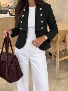 Women's Spring Autumn Winter Blazer, Elegant Vintage Black Metal Button Slim Fit Flattering Lapel Commute Versatile Small Suit Jacket - Black - View 2