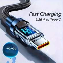 120W 6A USB-A To Type-C Fast Charging Cable | Smart LED Digital Power Display | Durable Matte Braided Cable, Compatible With Multiple Device Models - Multicolor - View 1