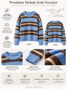 Women's Loose Round Neck Colorblock Striped Long Sleeve Knit Sweater, Vintage Casual Daily Versatile Commuter Top, Suitable For Vacation And Autumn - Blue - View 4