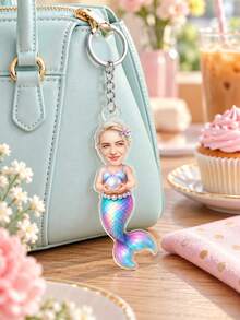 1pc Custom Photo Mermaid Acrylic Keychain, Personalized Face Cartoon Mermaid Body Key Chain, Girls Birthday Gift, Mermaid Lover Novelty Keepsake,Ocean Fantasy Accessory,Ocean Theme Present - Multicolor - View 4