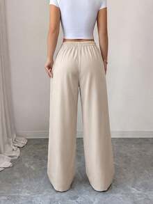 LUNNELUX Women Fall High Waist Drawstring Linen Wide Leg Pants, Elastic Waist Vacation Daily Trousers With Patch Pockets - White-gray - View 10