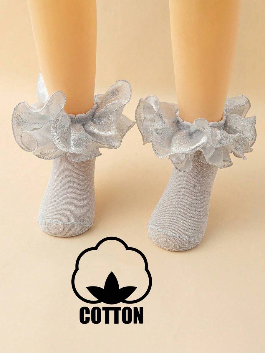 1 par de calcetines cortos de algodón de unicolor con volantes de encaje para niños de todas las estaciones, calcetines de baile para princesas pequeñas
