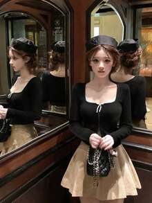 2026 Pure Desire Style Bow-Knit Top, Square Neck Zipper Fitted Black Ribbed Sweater, Sexy Lady Knitwear, Suitable For Autumn/Winter Daily, Date, Commute, Christmas, New Year, Outing, Commute, Date Sweater Top - Black - View 1