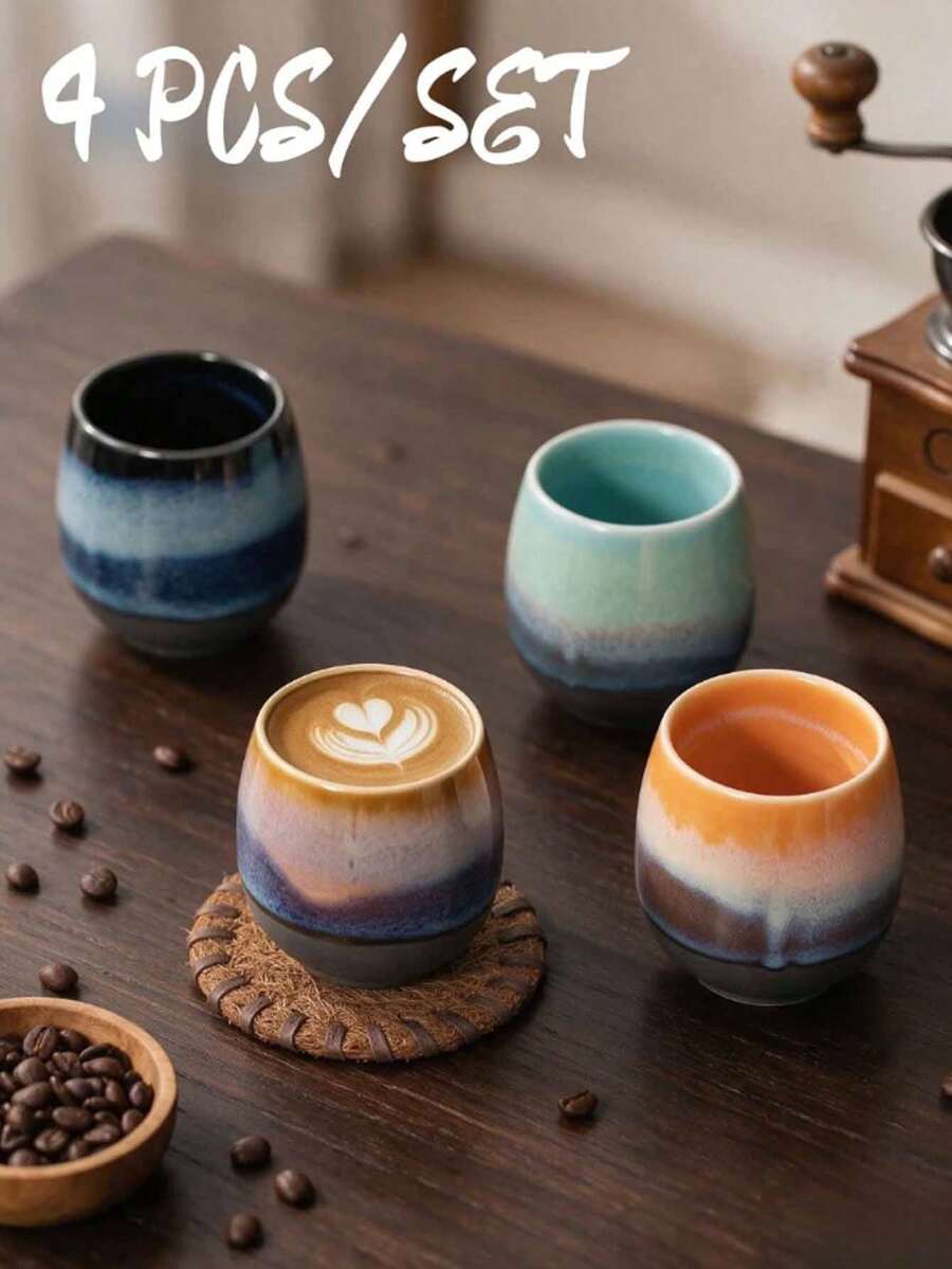 4pcs/Set Kiln-Fired Glazed Ceramic Coffee Cups, Reactive Glaze Espresso Cups, Japanese Style Small Tea Cups, Suitable For Latte, Americano, Microwave And Dishwasher , Unique Gradient Color Drinkware, Suitable For Home, Office, Cafe