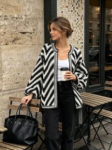 Women's Autumn/Winter Open Front Argyle Contrast Color Loose Fit Wide Sleeve Fashion Versatile Cardigan - Black and White - View 1