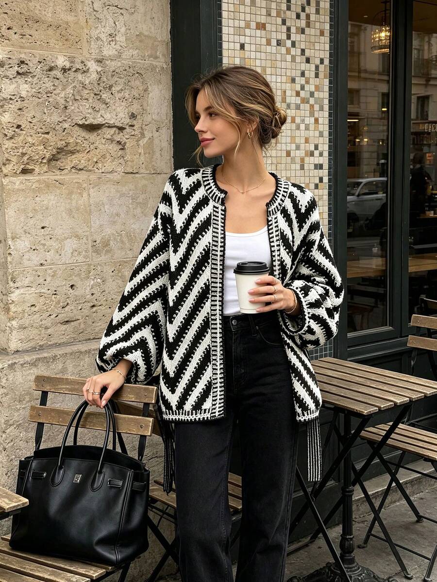 Women's Autumn/Winter Open Front Argyle Contrast Color Loose Fit Wide Sleeve Fashion Versatile Cardigan - Black and White - View 1