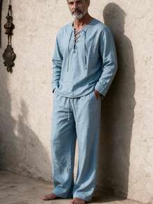 GOLDREDY Summer Men's Vintage Cross Strap V-Neck Top & Drawstring Wide Leg Pants Beach Vacation Casual Set - Blue - View 3