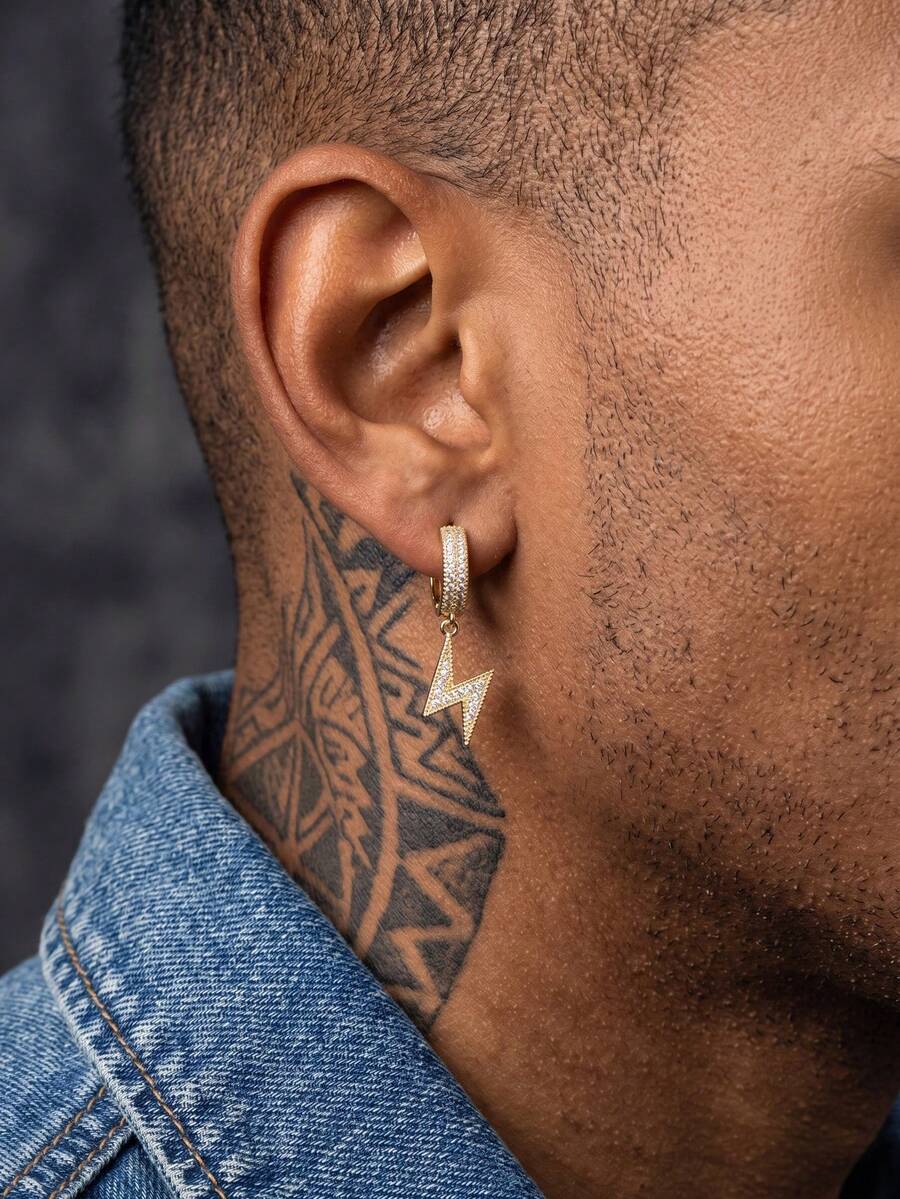 2pcs Men's Personalized Full Zirconia Lightning Earrings, Halloween Outfit Layered Ear Jewelry, Autumn Daily Commute Jewelry - Ear Studs - View 1