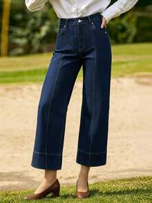 Women's Casual Dark Wash Cropped Flare Jeans With Button And Zipper Details - Tannin Original Color - View 3