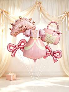 A Set Of Princess Dress Balloon Kit, Including Princess Dress, Crown, Handbag And Pink Bow Balloons. It Is An Ideal Gift For Your Kids' Birthday, Perfect For Creating An Immersive Atmosphere For Princess-Themed Parties. - View 1
