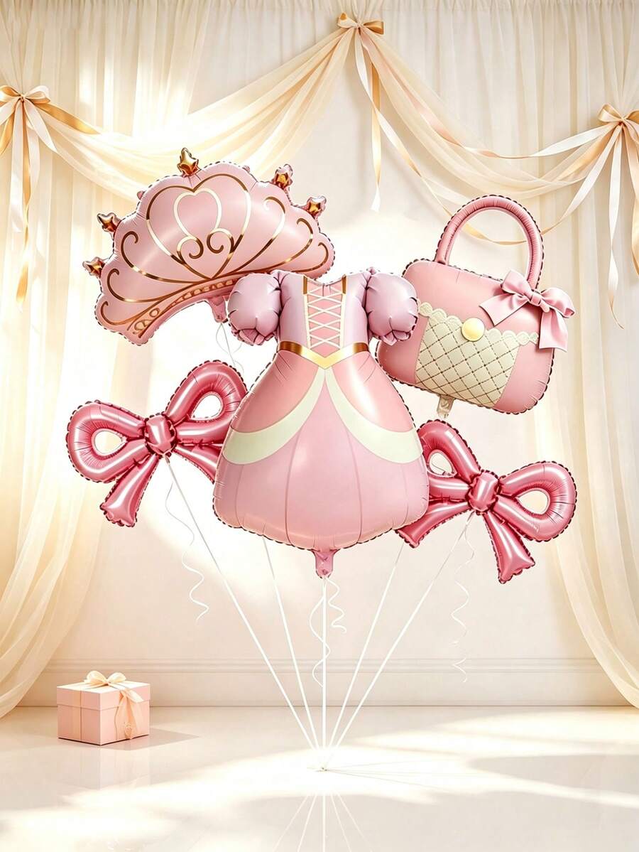 A Set Of Princess Dress Balloon Kit, Including Princess Dress, Crown, Handbag And Pink Bow Balloons. It Is An Ideal Gift For Your Kids' Birthday, Perfect For Creating An Immersive Atmosphere For Princess-Themed Parties. - View 1