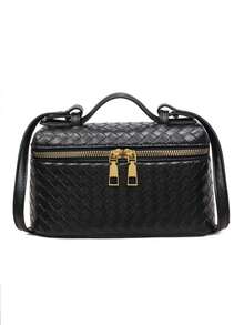 Woven Texture Decor Large Capacity Portable Dual Zipper Closure Vintage Luxury Style Handheld Box Bag, Suitable For Daily Commute, Dating, Girls Crossbody Small Bag, Versatile Personalized High-End Feel Makeup Pouch Fashion Item - Black - View 8