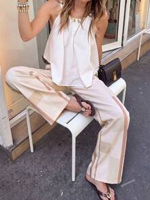Women's Beige Geometric Color Block Striped High Waist Pleated Wide Leg Suit Pants, Button Fly Draped Floor-Length Casual Straight Leg Trousers - Multicolor - View 8