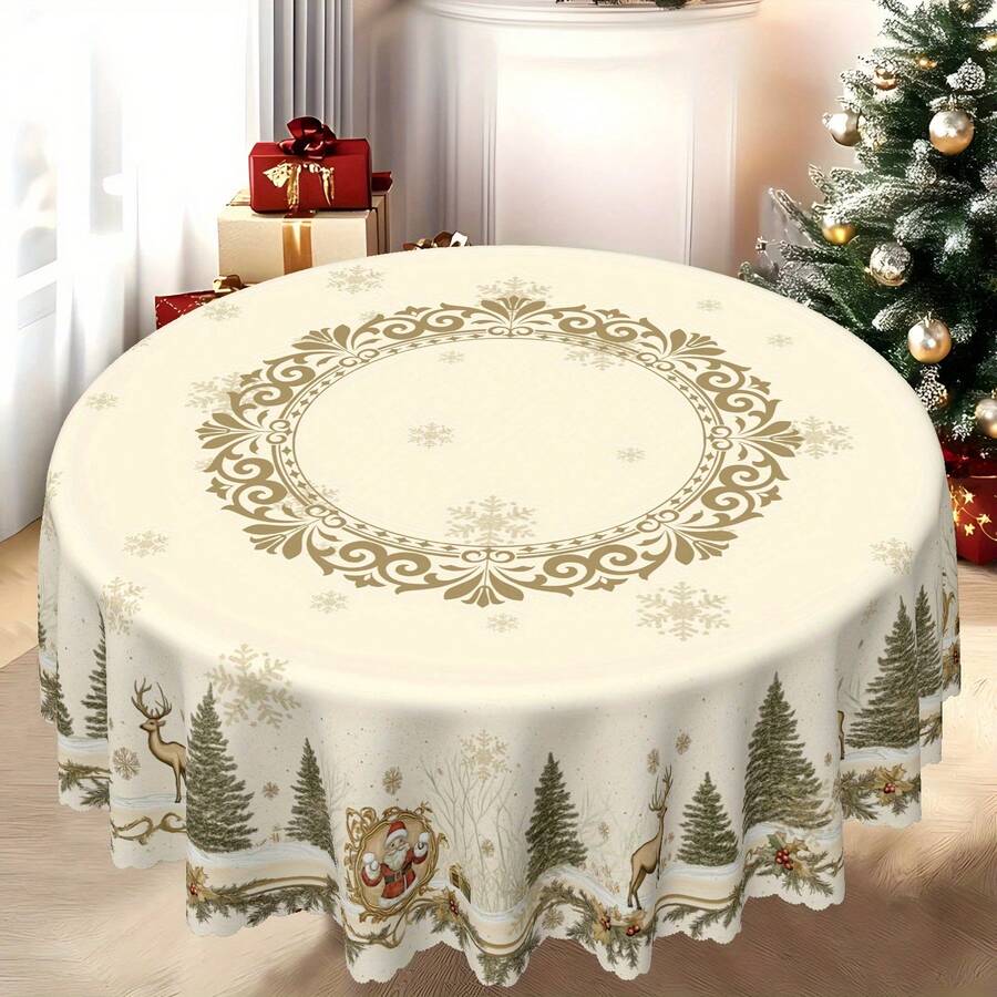 Merry Christmas Theme Vintage Christmas Tree Snowflake Reindeer Pattern Round Tablecloth, Holiday Party Decoration, Suitable For Indoor And Outdoor, Kitchen Accessory, Creative Gift - A - View 1