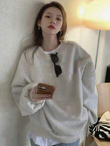 Women's Minimalist Floral Gray Loose Casual Comfortable Home Daily Commute Versatile Crew Neck Long Sleeve Sweatshirt - Light Grey - View 4