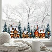 1Pc Christmas Window Stickers, Watercolor Winter Village Town Window Decals, Self-Adhesive Wall Stickers For Kids Room Home Xmas Party Glass Decor - Multicolor - View 6
