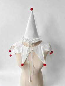 1 Set Topi Badut Kotak-kotak Hitam Putih dan Kerah Palsu Berbentuk Bintang dengan Pom-Pom Merah, Aksesoris Kostum Cosplay Sirkus Halloween, Cocok untuk Pesta Bertema Karnaval - A - View 16