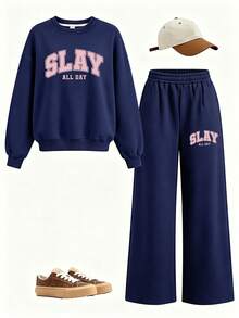 2pcs/Set Girls Matching Outfit, Letter Print Sweatshirt + Elastic Waist Wide Leg Pants, Suitable For Spring And Autumn - Navy Blue - View 2