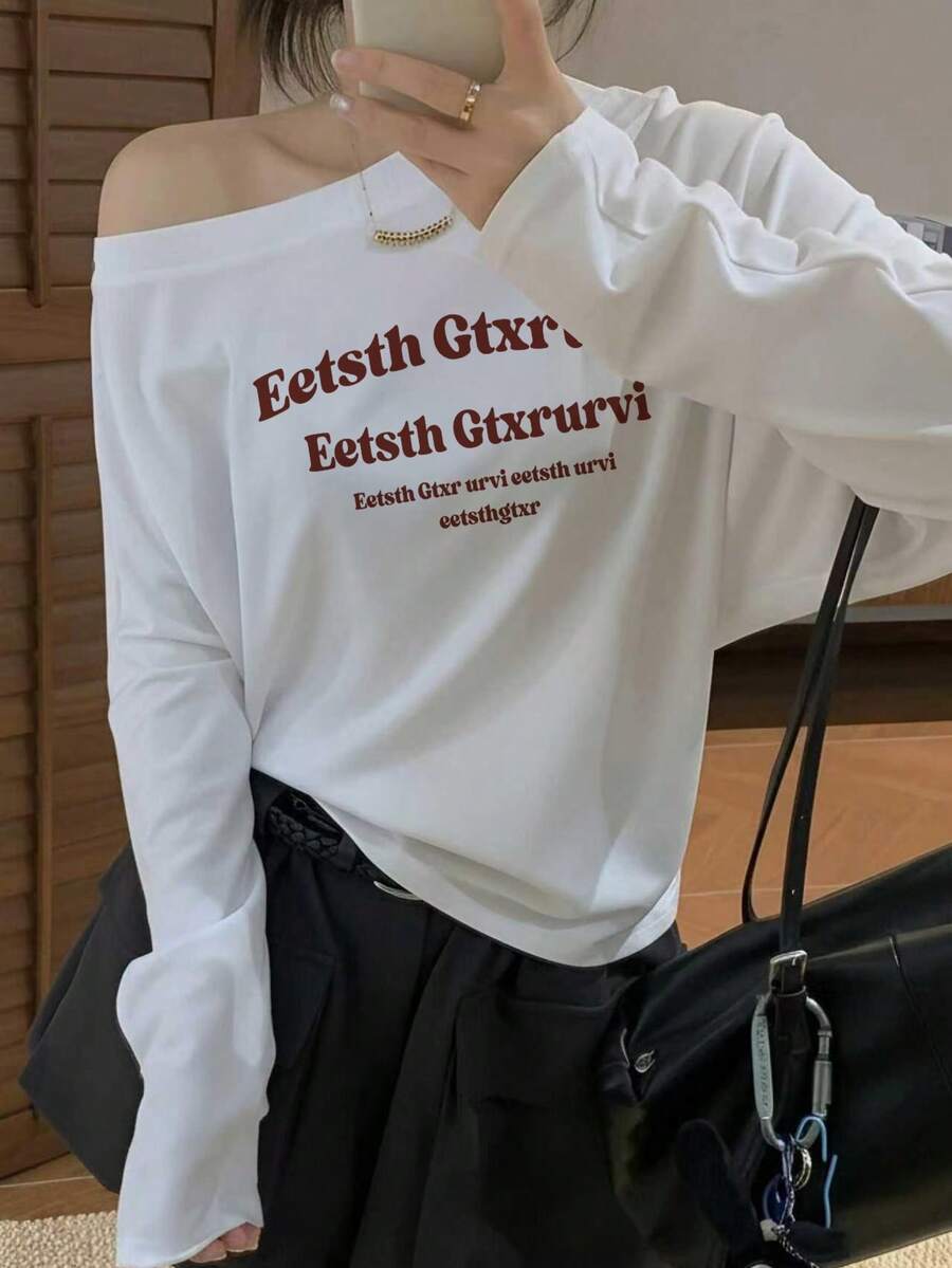 甜酷辣妹風露肩T恤,藝術英文金句,修身抓皺設計,氛圍感上衣 - 白色 - 查看 1