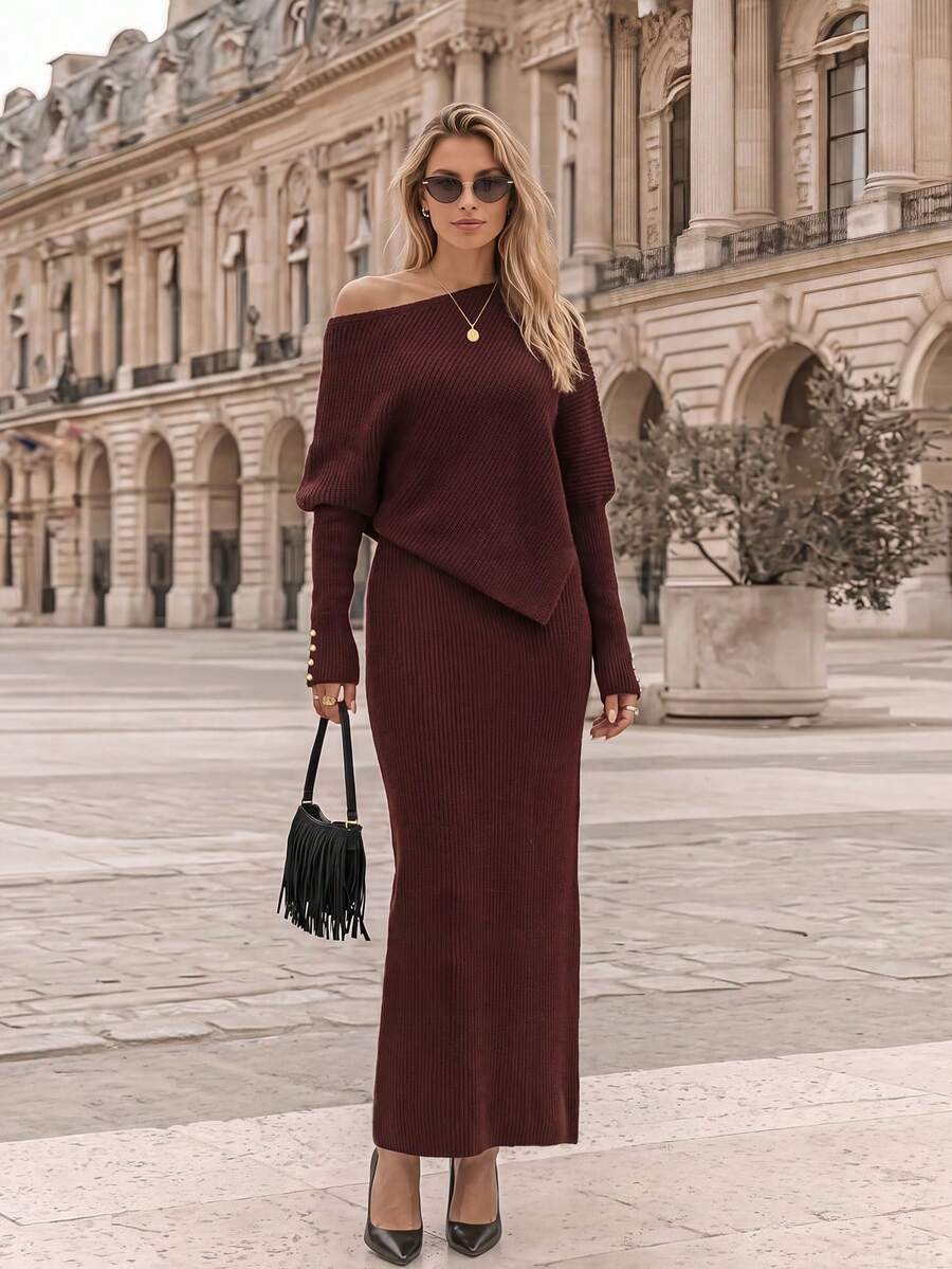 NiceArt Women's Fall Burgundy Chic Asymmetric Knit Top, Off Shoulder Diagonal Sweater With Gold Cuff Buttons For Daily, Dating & Christmas Outfits - Burgundy - View 1