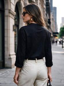 Women Half Button Down Shirt Loose Comfortable Blouse Long Sleeve Stand Collar Apparel For Fall Winter Daily Commuting Going Out Dating - Black - View 5