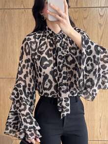 Women's Leopard Print Semi-Sheer Blouse, Long Sleeve Elegant Top With Ruffle Details And Delicate Tie Design, Suitable For Autumn Commute Or Casual Wear - Multicolor - View 5
