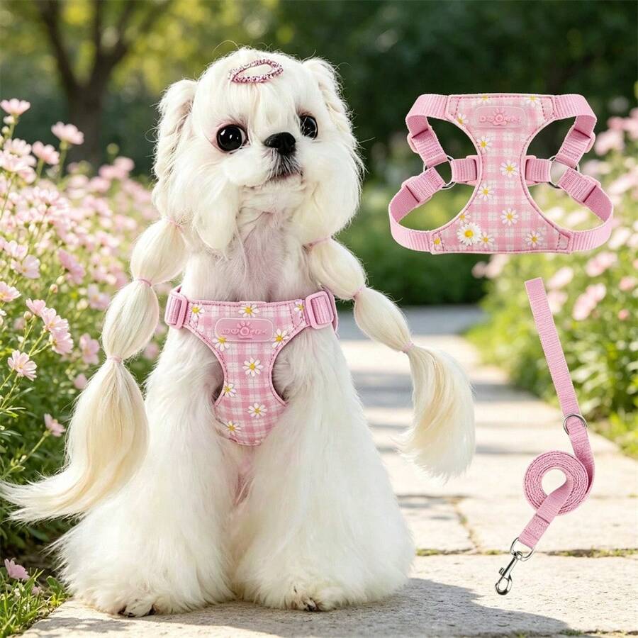 Pet Harness & Leash Set, Summer Cute Pink Daisy Pattern, Soft Lightweight Design, Adjustable Buckle, Breathable Mesh Fabric, Suitable For Puppies And Small Dogs