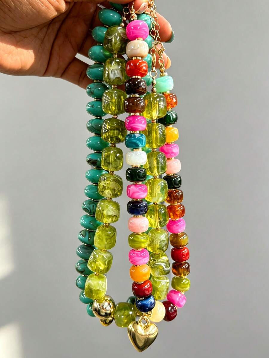 1pc Vintage Bohemian Style Acrylic & CCB Colorful Beaded Necklace, Suitable For Women's Daily, Vacation, Party, Wedding Wear And Gift - Colorful - View 1
