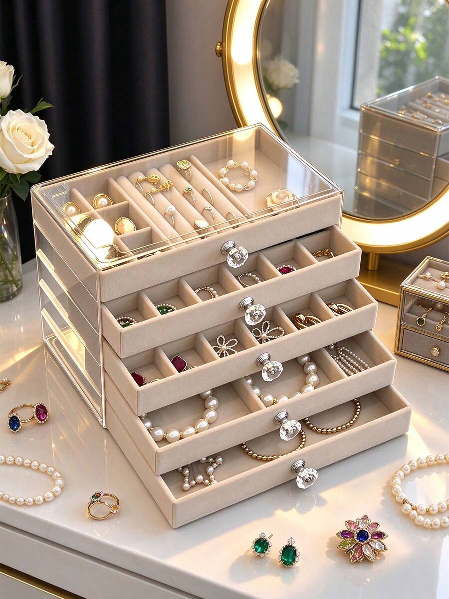 1pc 5-Layer Transparent Acrylic Jewelry Box, Large Capacity Jewelry Storage Box, Drawer-Style Jewelry Display Box With Adjustable Velvet Tray, Suitable For Earrings, Rings, Bracelets, Necklaces, Holiday Gift, Birthday Gift - Multicolor - View 1
