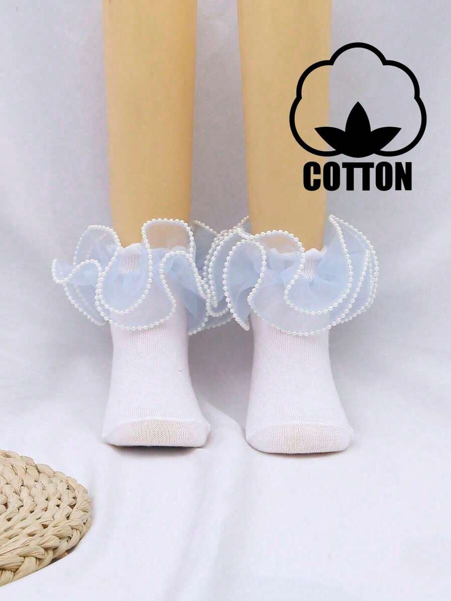 1 par de calcetines de tobillo de algodón para niñas con volantes de encaje y perlas de unicolor para baile - Azul - Ver 1