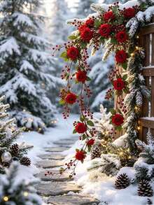 2pcs/Set Christmas Wedding Artificial Red Berry Rose Vine, Suitable For Wedding, Christmas, Anniversary, Proposal, Romantic Holiday Decoration, Party Backdrop Arrangement - Multicolor - View 5