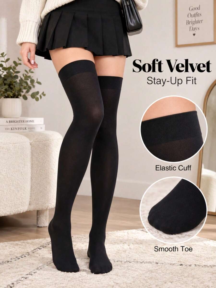 1 Pair Women's Velvet Thigh High Socks, Soft Stretch Thigh High Stockings, Stay-Up Elastic Cuff For Fall Winter, Party, Cosplay & Daily Wear - Black - View 1