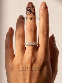 1 buah Cincin Moissanite, 7 Batu Bertatahkan, Berlapis Emas, Perhiasan Hadiah Pertunangan, Pernikahan, dan Ulang Tahun yang Elegan - Emas - View 5