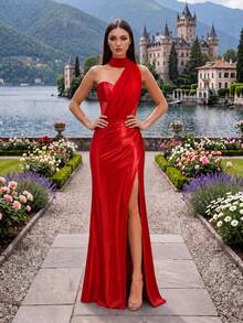 Elegant Red Satin Mermaid Evening Gown, Asymmetrical Neckline Backless Design, Suitable For Prom And Formal Events - Red - View 5