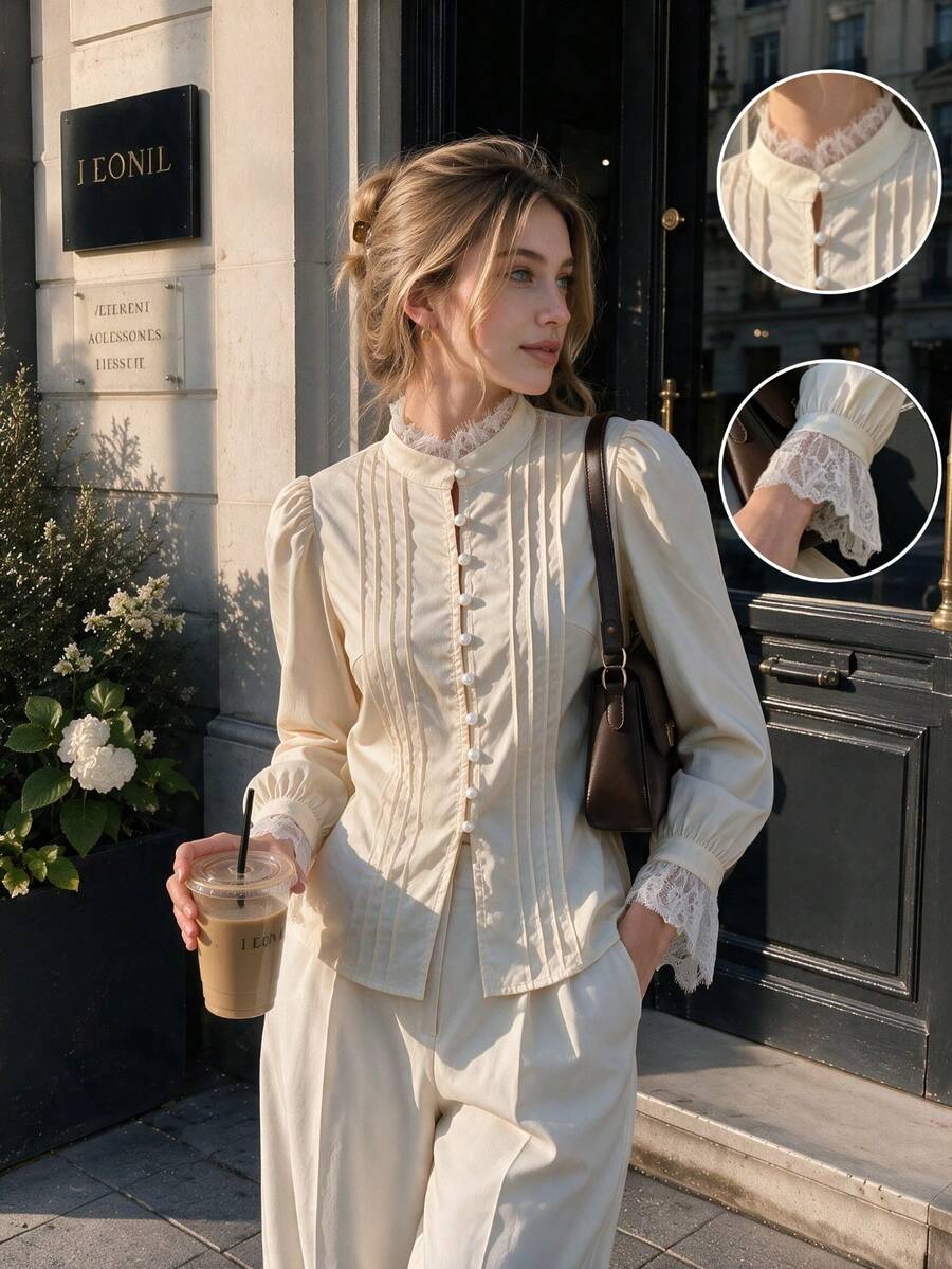 French Vintage Lace Trim Stand Collar Blouse For Women, Lace Patchwork Neckline And Cuffs, Puff Long Sleeves With Pearl Button Placket, Accordion Pleat Design, Elegant Commuter Style, Gentle Elegant, Suitable For Outings And Dates - Gold - View 1
