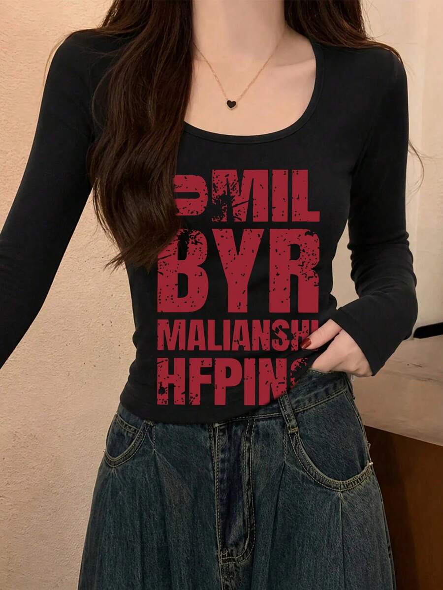 Kaos Wanita Lengan Pendek/Panjang Musim Semi/Gugur Terbaru Generasi Y2K Desain Seru Cetak Bahasa Inggris Gaya Korea Leher U Serbaguna Kasual Slim Fit - Hitam - View 1