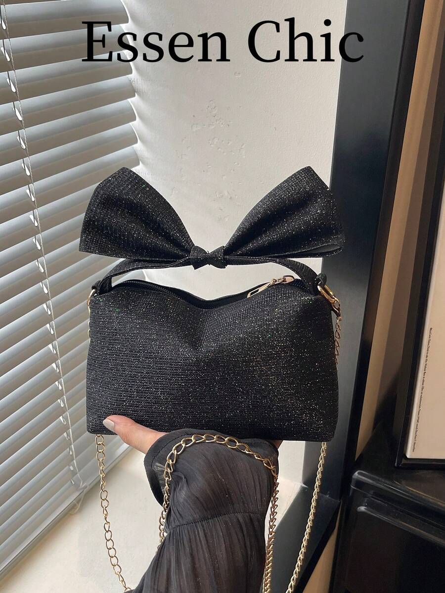1pc Black Bowknot Decor Solid Color Nylon Small Square Handbag For Women, Can Be Carried As Shoulder Bag Or Crossbody