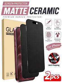 2 buah Pelindung Layar Privasi Keramik Matte, Kompatibel dengan iPhone 18 Pro Max/18 Pro/17 Pro Max/17 Air/16 Pro Max/16/16 Pro/16 Plus/14 Pro Max/15/13, Anti Gores 9H+, Sensitif Sentuhan, Kompatibel dengan Casing Ponsel, Termasuk Kit Pembersih, Film Keramik Berkualitas Tinggi 9H+ - Hitam - View 1
