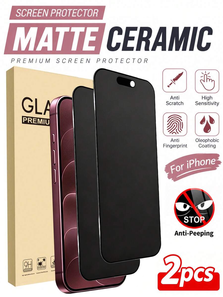 2 buah Pelindung Layar Privasi Keramik Matte, Kompatibel dengan iPhone 18 Pro Max/18 Pro/17 Pro Max/17 Air/16 Pro Max/16/16 Pro/16 Plus/14 Pro Max/15/13, Anti Gores 9H+, Sensitif Sentuhan, Kompatibel dengan Casing Ponsel, Termasuk Kit Pembersih, Film Keramik Berkualitas Tinggi 9H+ - Hitam - View 1