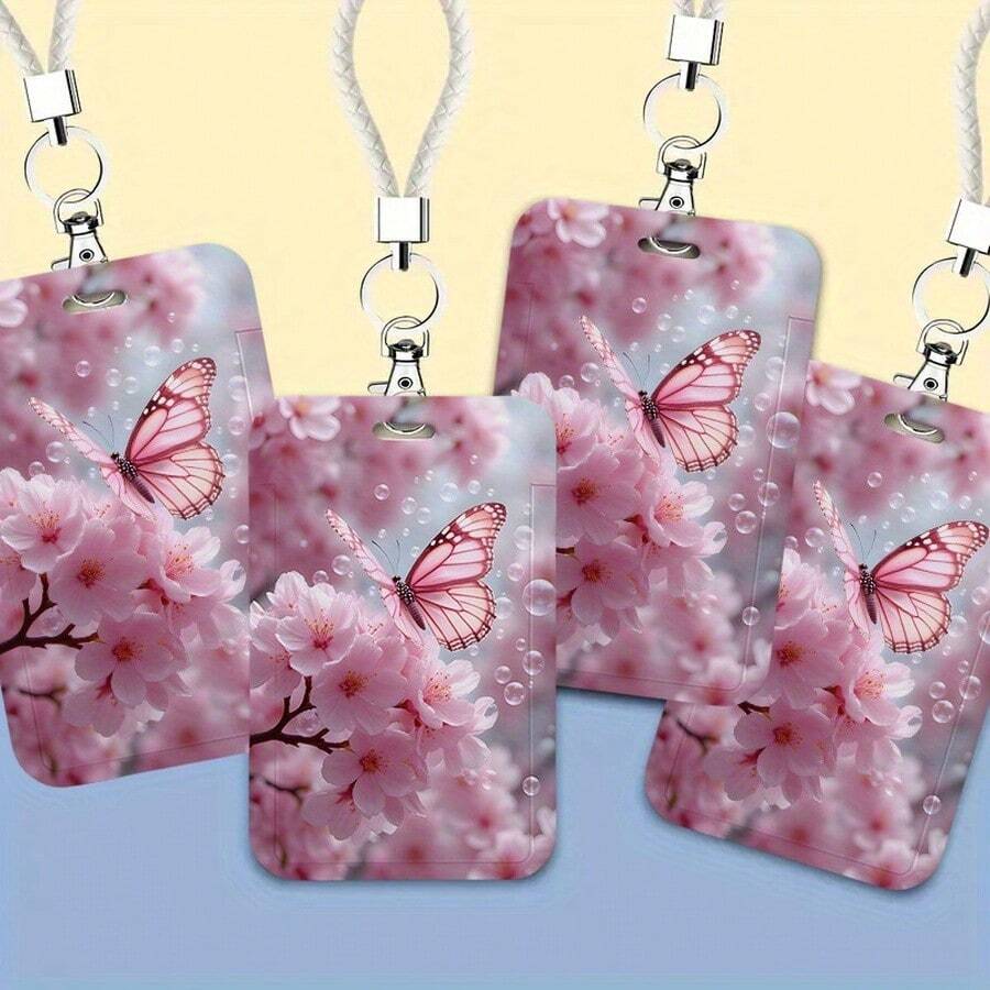 1pc Pink Floral Butterfly Pattern ID Badge Holder With Detachable Lanyard - Perfect For Students, Doctors, Nurses And Professionals In Various Fields - Floral Butterfly Pattern - View 1