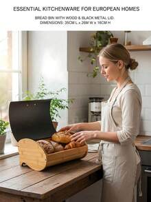 Bread Box With White Roll Top Lid, Large Capacity Food Storage Bin, Farmhouse Kitchen Countertop Bread Keeper, Vintage Bread Container For Loaf, Baguette, Croissant, Home Kitchen Food Storage Organizer, Rustic Kitchen Decor - View 4
