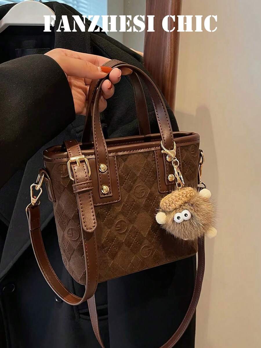 Handbag, Small Square Shape, With Dual Short Handles, Body Features Diamond Quilted Embossed Pattern, Decorated With Cute Charms, Can Be Added Shoulder Strap For Crossbody. Bag Capacity Suitable For Storing Small Personal Items, Dual-Use For Handheld And Crossbody, Exquisite And Minimalist Design, Suitable For Daily Outings. - Coffee - View 1