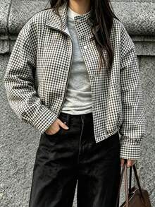 Women's Autumn Plaid Woven Fabric Stand Collar Short Jacket With Zipper And Button Double Breasted Hem Drawstring Loose Drop Shoulder Vintage Casual Style For Daily Commute Shopping And Outings - Black and White - View 2