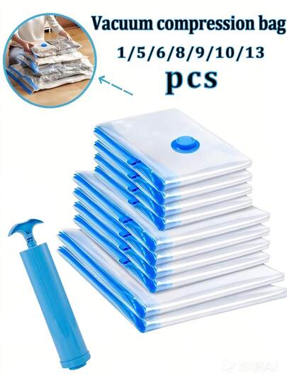 1pc/3pcs/4pcs/5pcs/6pcs/8pcs/9pcs/10pcs/13pcs, Vacuum Storage Bags And Pump, Vacuum Compression Bags With Pump, Travel Vacuum Storage Bag Set; Extreme Space Saving, Reduces The Volume Of Bulky Items To 25%-30% Of Original Size By Removing Air; High Sealing Ability Isolates External Air, Effectively Prevents Moisture/Mold/Pests/Dust; Suitable For Storing Quilts, Thick Clothing And Other Items During Seasonal Changes, Maximizing Limited Space