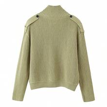 Áo cardigan len gân cổ giả cao cài nút cho nữ, áo khoác len dáng rộng tay dài phong cách thường ngày, màu trơn cho mùa thu đông - màu xanh lá - Xem 5