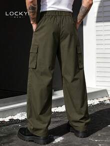 Men's Army Green Wide Leg Cargo Pants, Loose Fit With Multiple Pockets, Long Pants - Army Green - View 2