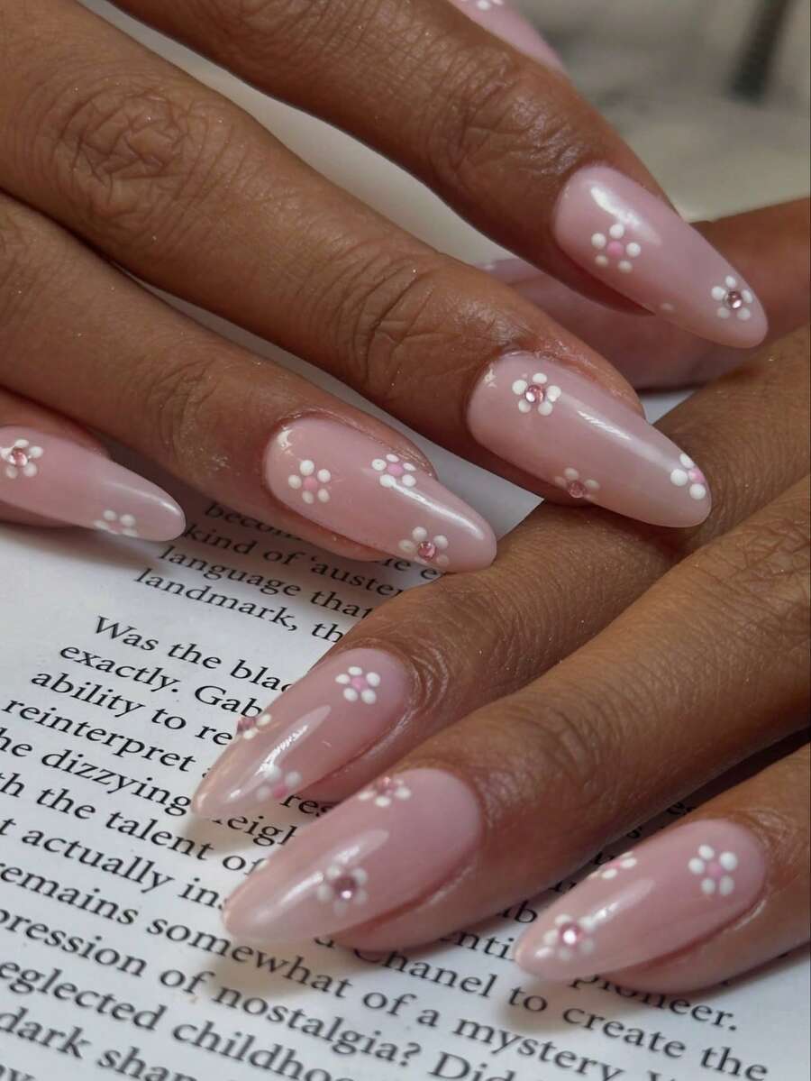 10pcs Almond Shaped Rhinestone Flower Press-On Nails, Short Fake Nails, Autumn Nude Pink Gentle Style Nail Art, Y2K French Delicate Flower Design, White Flower & Rhinestone Decor, Transparent Jelly Effect, Versatile For All Hands, Includes Nail Tools, Quick Application & Removal, Suitable For Various Occasions, For Women & Girls - Pink - View 1