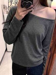 Women's Spring/Autumn Solid Color Minimalist Versatile Long Sleeve T-Shirt, Y2K Casual Home Wear, Sexy Cold Shoulder Hot Girl Pure Desire Style, Daily Commute Back To School Season Lightweight Korean Style Long Sleeve Top - Dark Grey - View 3