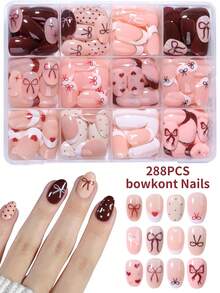 288pcs Short Oval Striped Bow Polka Dot Heart French Press-On Nails, Easy To Wear And Remove, Suitable For Daily Use And Valentine's Day - Multicolor - View 1