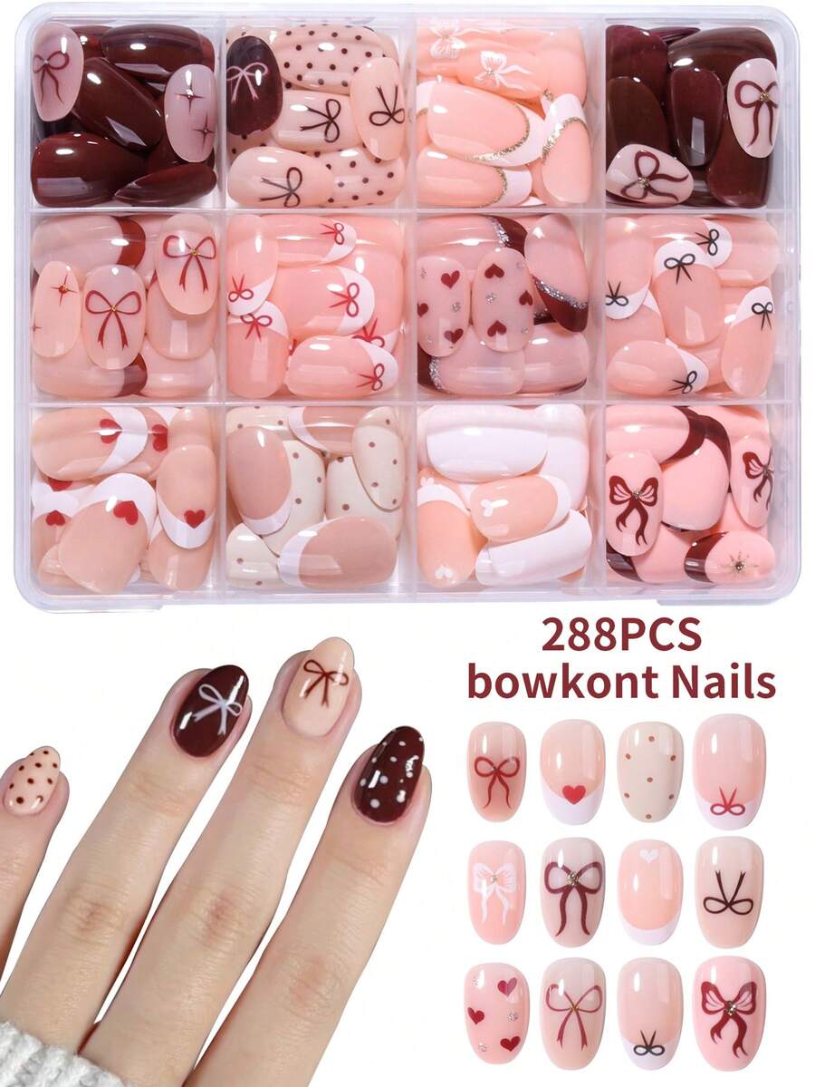 288pcs Short Oval Striped Bow Polka Dot Heart French Press-On Nails, Easy To Wear And Remove, Suitable For Daily Use And Valentine's Day - Multicolor - View 1